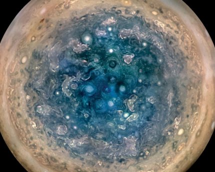 Jupiter's stormy south pole, as seen from the Juno spacecraft.